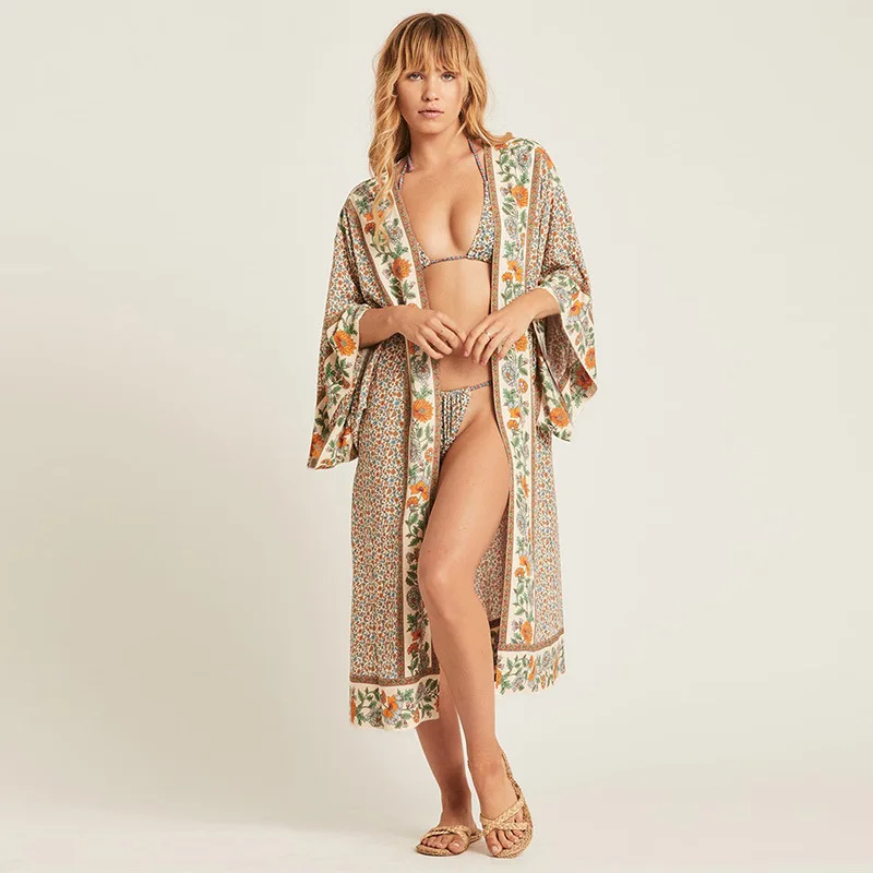 Beach Cover-Ups Positioning Print Dress Bikini Swimwear Vacation Variegated Flower Sexy Long Sleeve Bathing Suit Women Plus Size