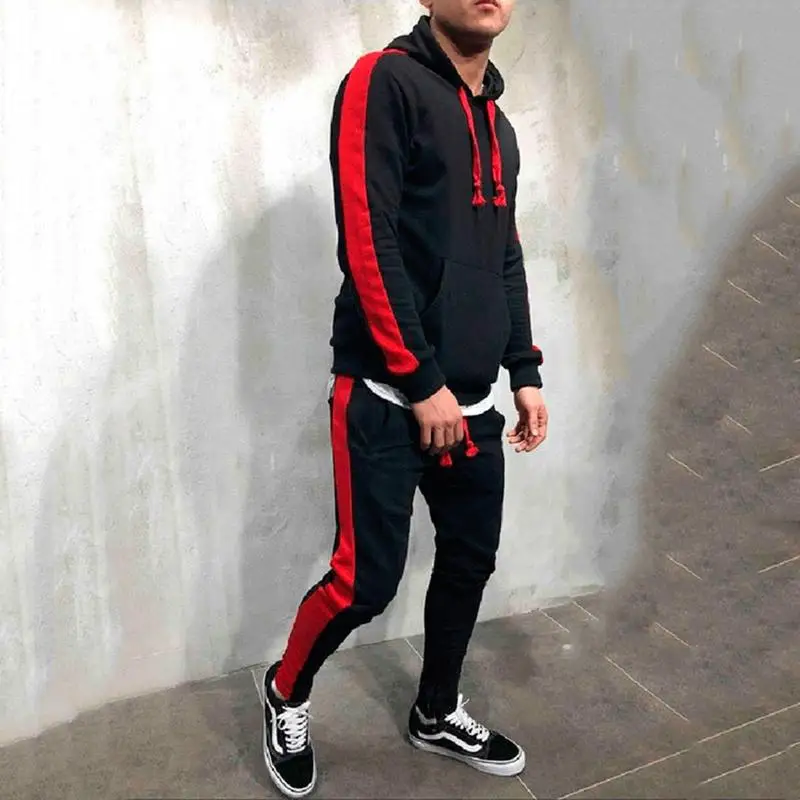 

2 Pieces Sets Tracksuit Men New Brand Autumn Winter Hooded Sweatshirt +Drawstring Pants Male Stripe Patchwork Hoodies