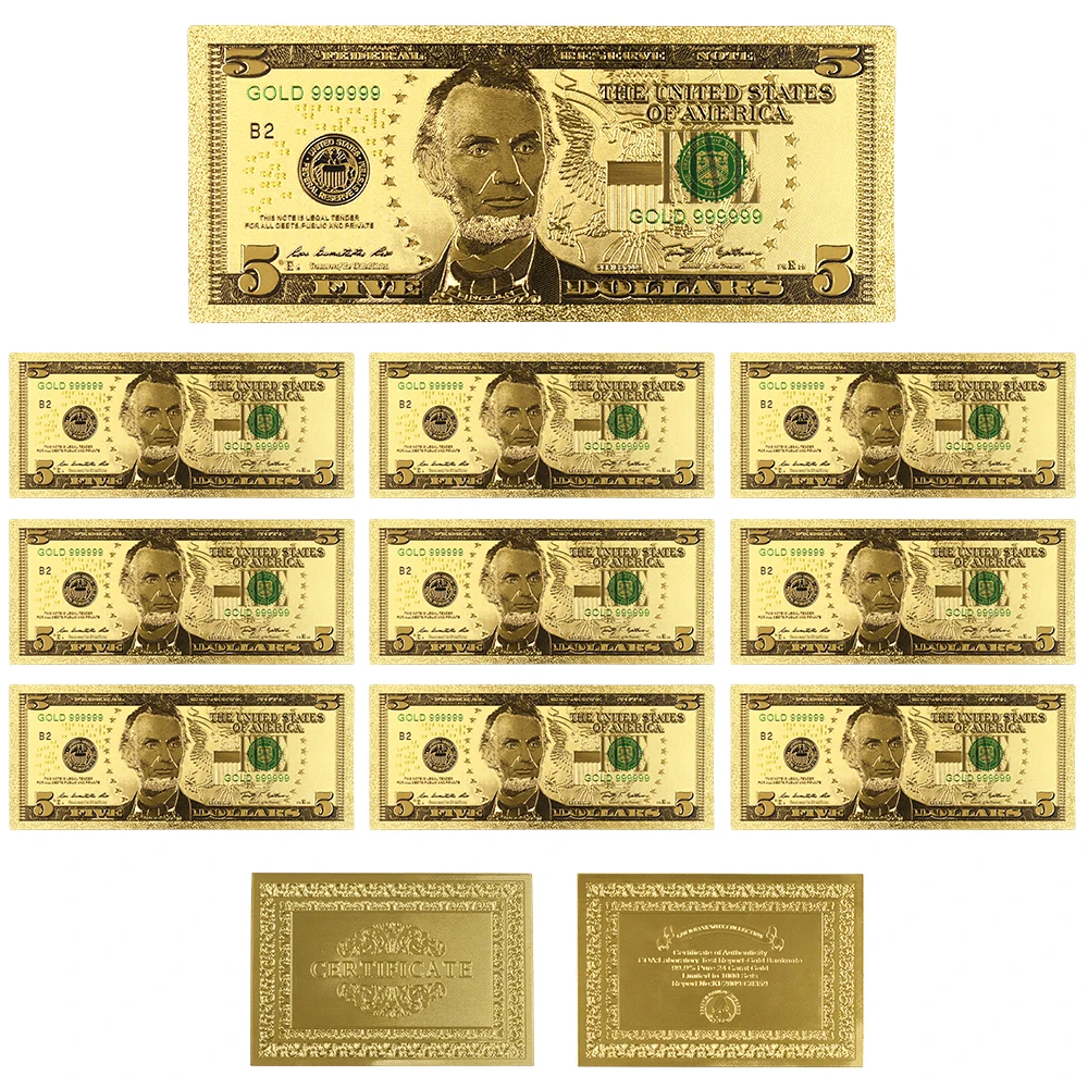 24k Золотая банкнота новая USD 5 доллар американский стиль Рождественская коллекция