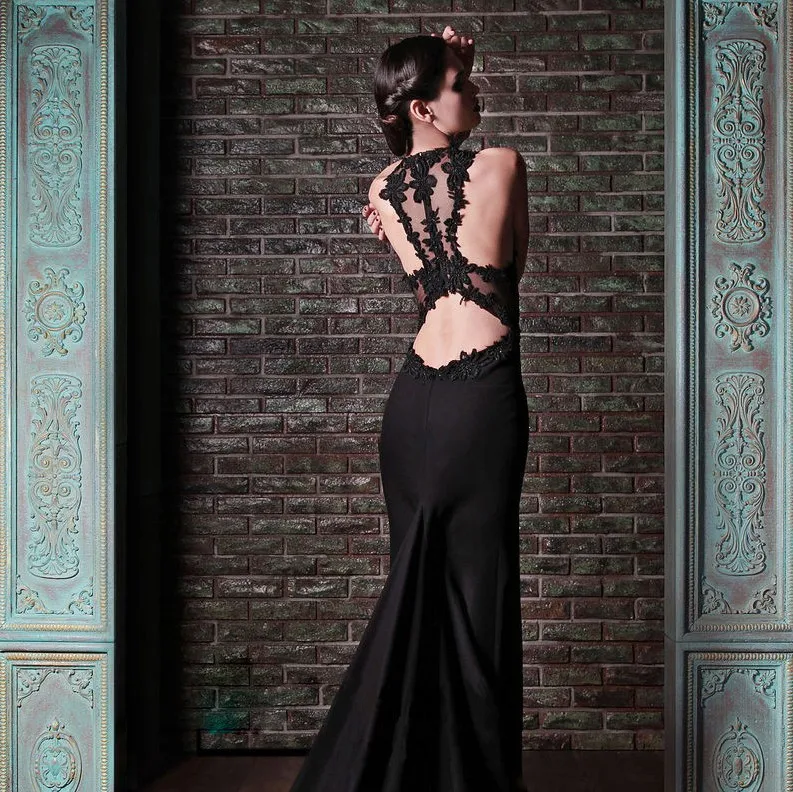 

2018 robe de soiree sexy backless Mermaid With Applique Sheer Neck Sleeveless Long Black party prom Gown bridesmaid dresses