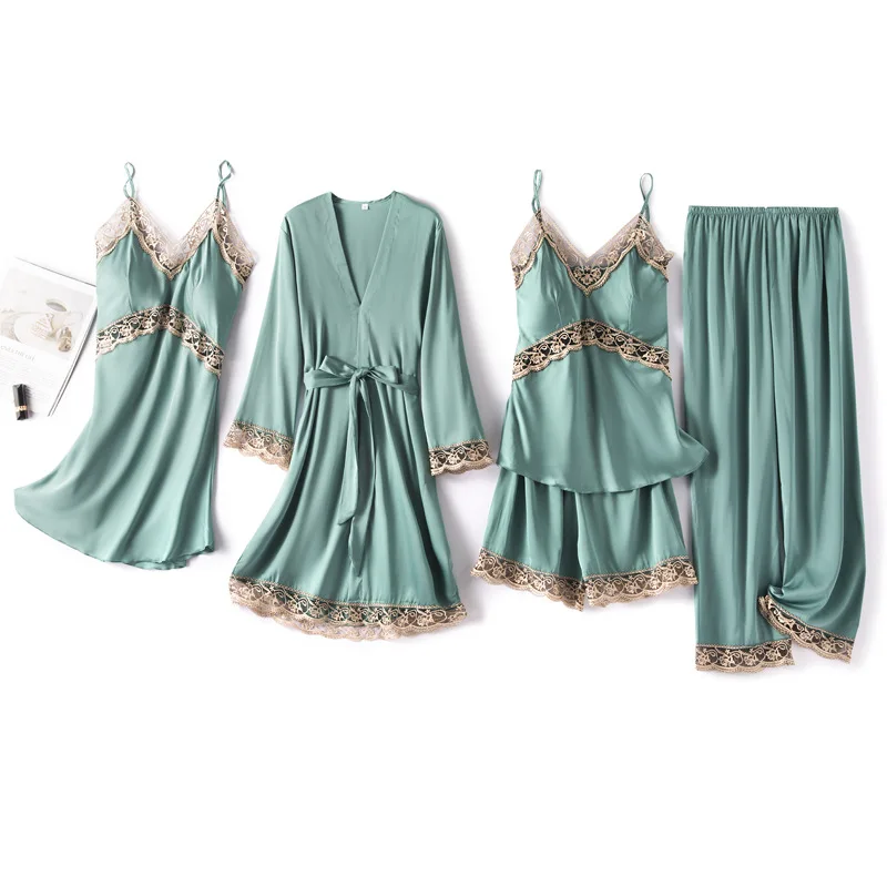 

Women Pajamas Suit Soft Intimate Lingerie Sexy 5PCS Robe Set Silky Satin Kimono Gown Casual Bathrobe Sleepwear Lace Nightwear