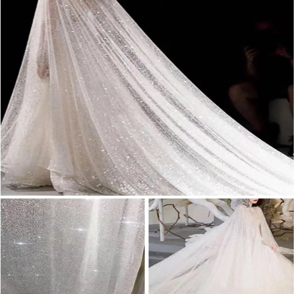 Ткань Тюлевая розовое золото с наклеенными блестками пробы 5 ярдов для вечернего