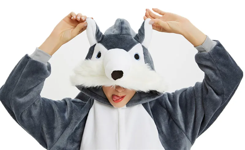 Siberian Husky Трицератопс динозавр Хаски Minotaur Кот лев Король панда Мангуст Кигуруми для взрослых костюмы для косплея на Хэллоуин комбинезоны пижамы - Цвет: Siberian Husky