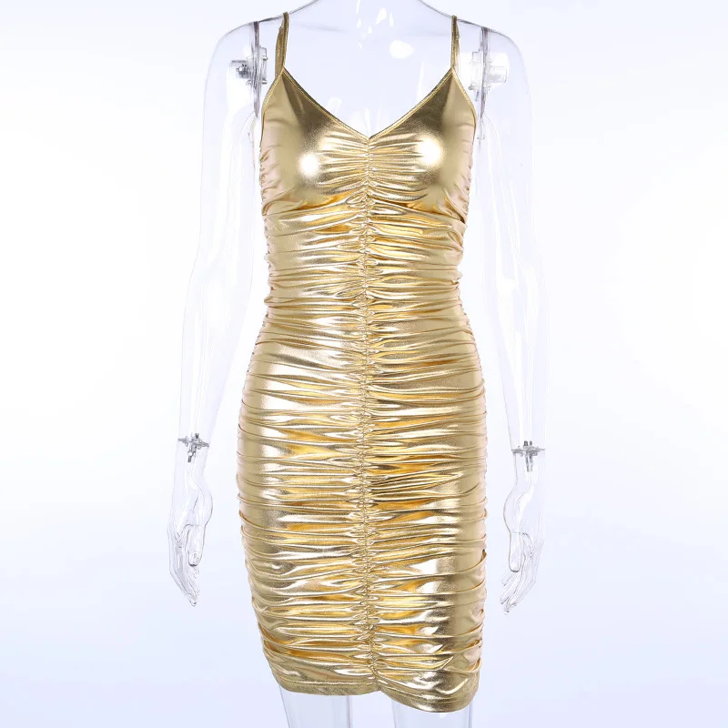 Fuedage пикантное Золотое Платье из искусственной кожи женское облегающее