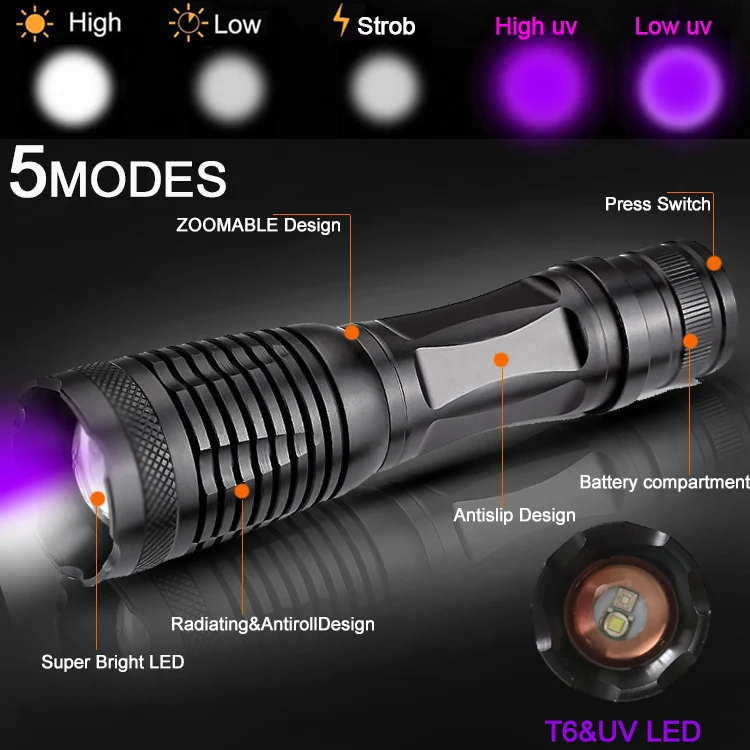 2in1 UV + белый светильник светодиодный вспышка Linternas фонарь 395nm Ультрафиолетовый