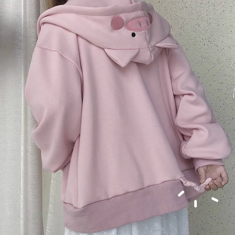 

Harajuku Kawaii Loose Hoodies and Tops Schoolgirl Cute Clothes Winter Plus Size Women Pink Piggy Hoodie Sweatshirt Streetwear
