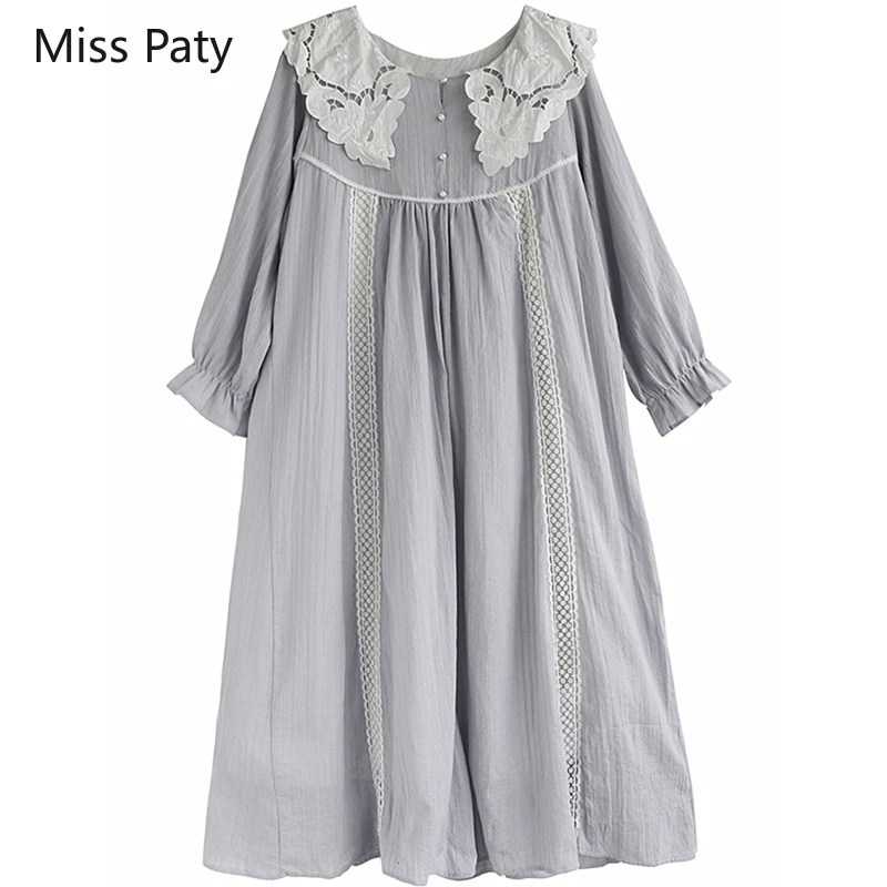 Новинка Женская весенне летняя хлопковая кружевная ночная сорочка с воротником