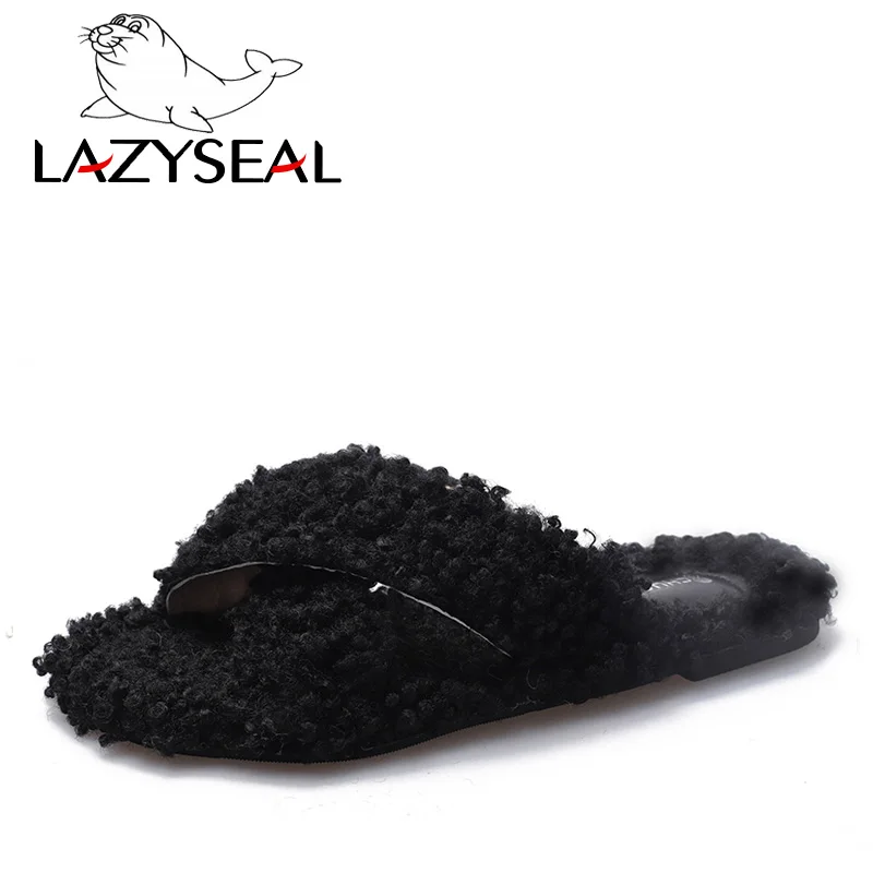 LazySeal; цветные домашние тапочки с натуральным мехом; женская обувь; женские шлепанцы без задника на плоской подошве; женские пушистые домашние шлепанцы; пушистая плюшевая обувь - Цвет: Black-2