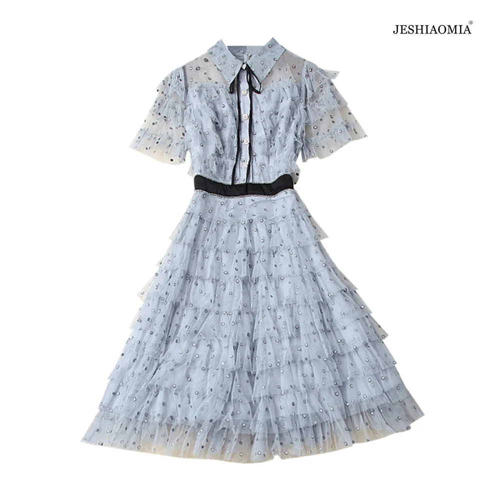 

2021 SPRING POINT COLLAR SHORT SLEEVE MESH POLKA DOT TIERED DRESS 3 COLOR
