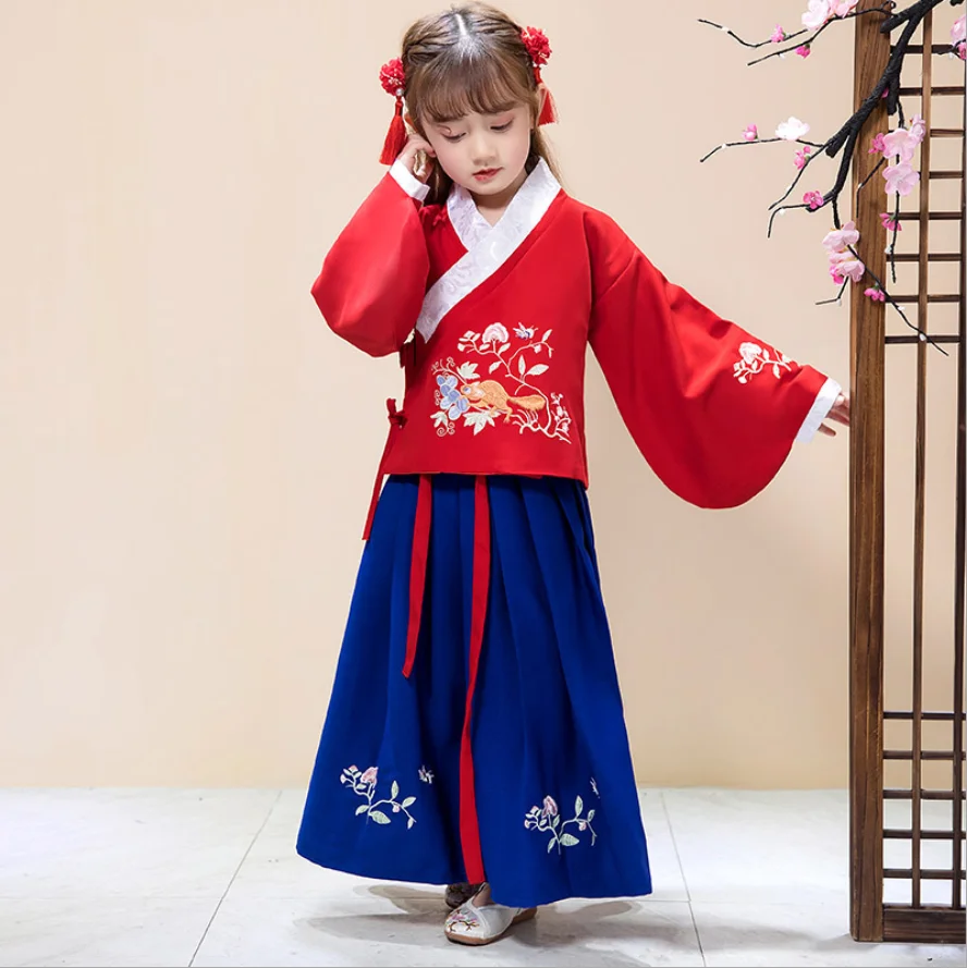 

Традиционные китайские костюмы Hanfu для девочек, старинный ретро костюм Тан, новый год, Ципао для танцев кимоно, одежда для малышей