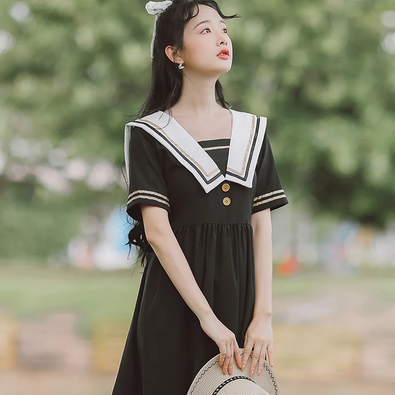 

College Style Navy Collar Black Dress Women's Summer New Elastic Waist Reduction A-line Skirt Thin Section Short Sleeve