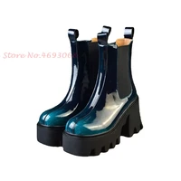 retro green black gradient boots med block heels patchwork platform chelsea booties 2022 newest sweing shoes british style shoes