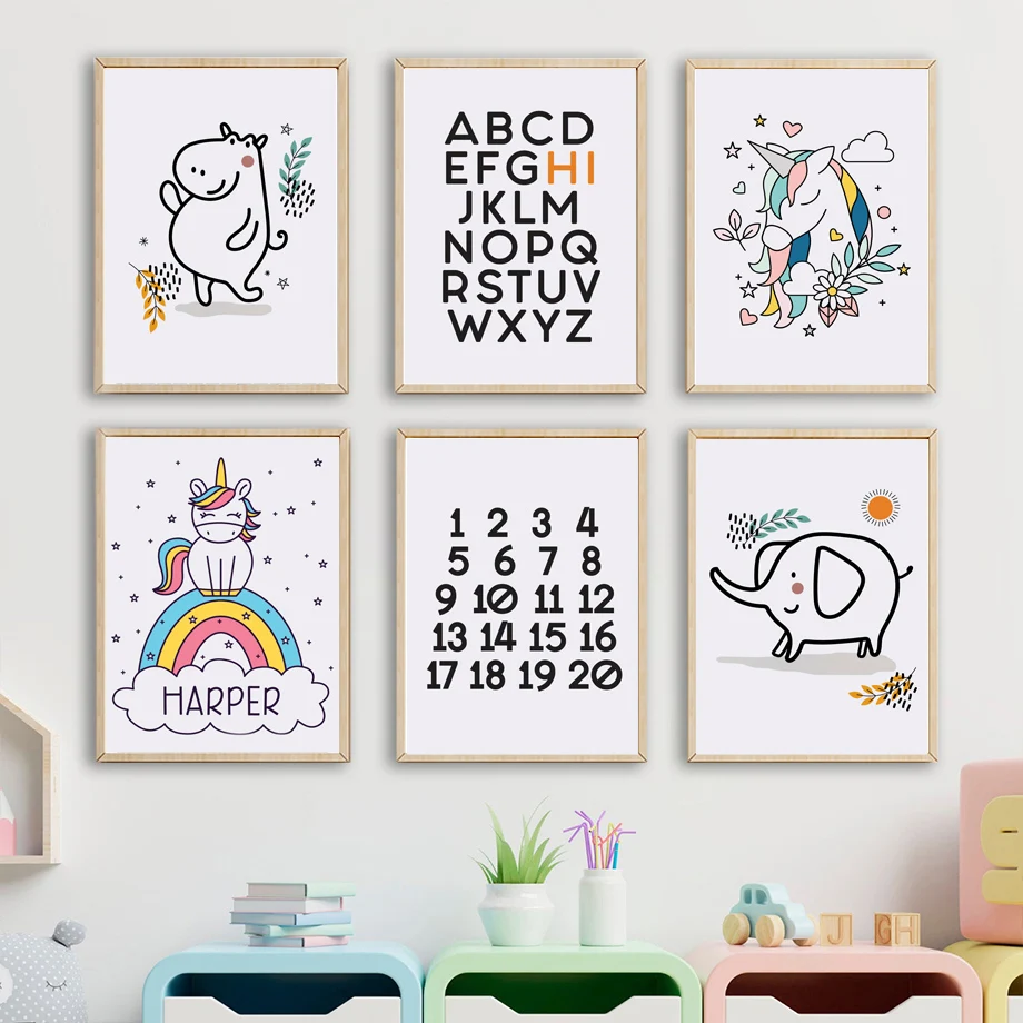 

Numbers Letter Unicorn Elephant Giraffe Rainbow Wall Art Canvas Painting Nordic Posters And Prints Wall Pictures Kids Room Decor