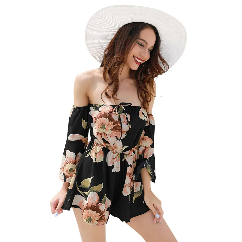 New Women Romper Sexy Fashion Floral Print Bell Sleeve Jumpsuit Summer Beach Off Shoulder Body Suit Casual Large Size Playsuits | Женская