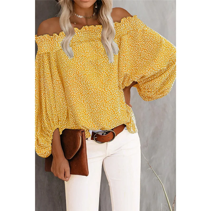 

Sexy Off Shoulder Blouses Women 2021 Autumn Fashion Clothing Casual Print Lantern Sleeve Ruched Chiffon Shirt Blouse Ladies Tops