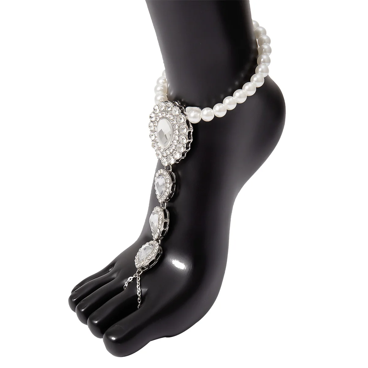 

Luxury Female Geometry Crystal Anklet Dainty Silver Color Foot Chain Vintage Bride White Pearl Beach Anklets For Women