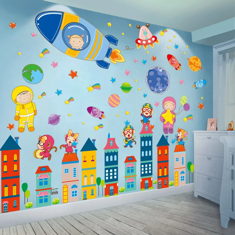 

[SHIJUEHEZI] Astronauts Planets Rockets Wall Stickers DIY Cartoon Castles Wall Decals for Kids Rooms Baby Bedroom Decoration