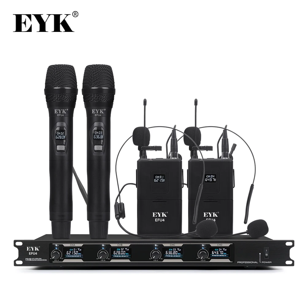 EYK EFU4 4 канала UHF Беспроводной микрофон Системы с 2 поясной и ручной для сцены
