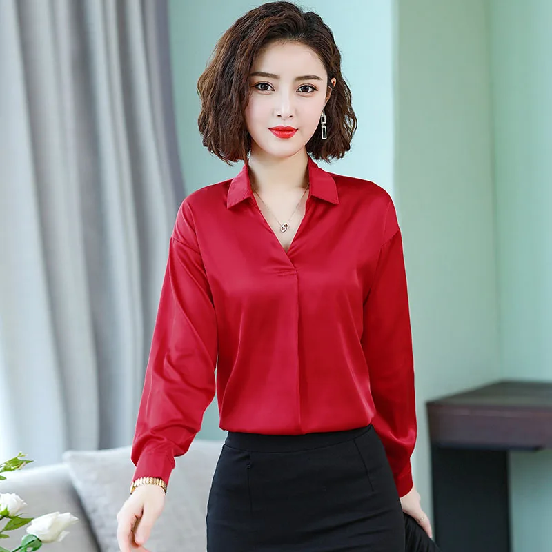 Корейские модные шелковые женские блузки атласные осенние розовые рубашки плюс