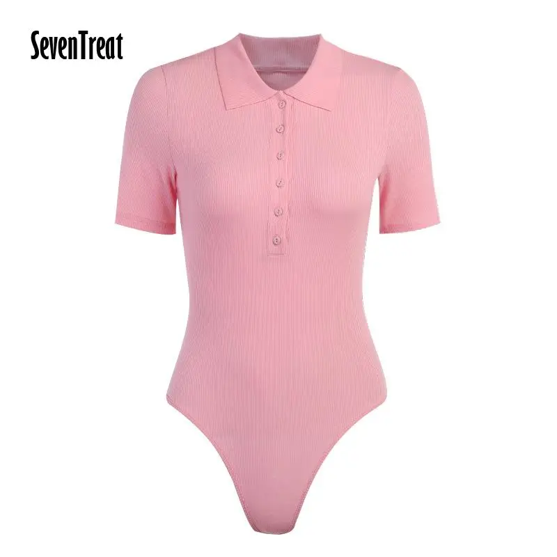 

Casual Bodysuit Women Short Sleeve Summer Overalls Tops Elegant Bodies Turn Down Collar Bodysuits 2021 Woman Clothes New