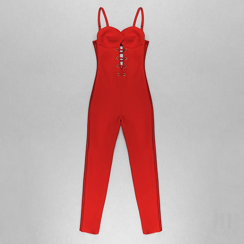 Red Cross Lace Up Bandage Women Jumpsuits 2021 Fall Casual Skinny Fashion Sexy Spaghetti Strap Femme Rompers Ropa Mujer BD2104