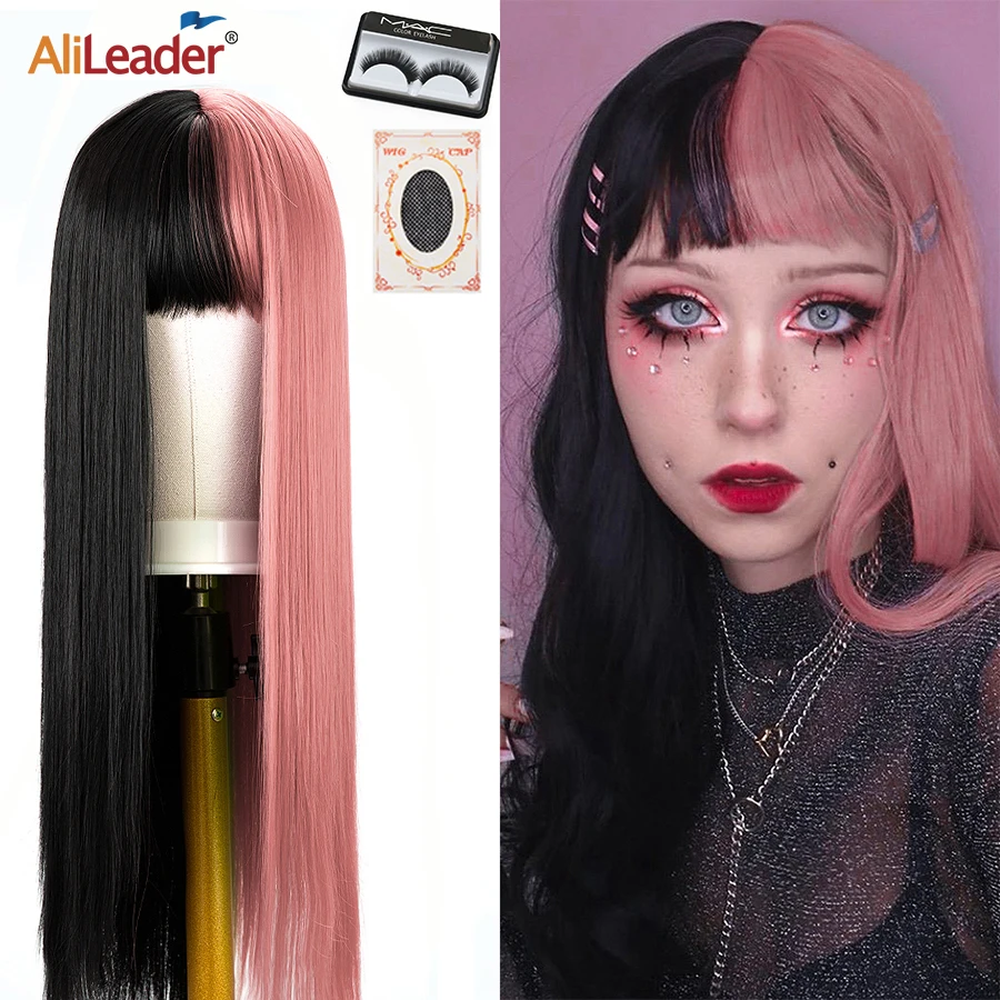 

Длинный прямой парик для косплея, двухцветный парик с челкой для черных женщин, синтетический парик, термостойкий полупарик, для костюмиров...