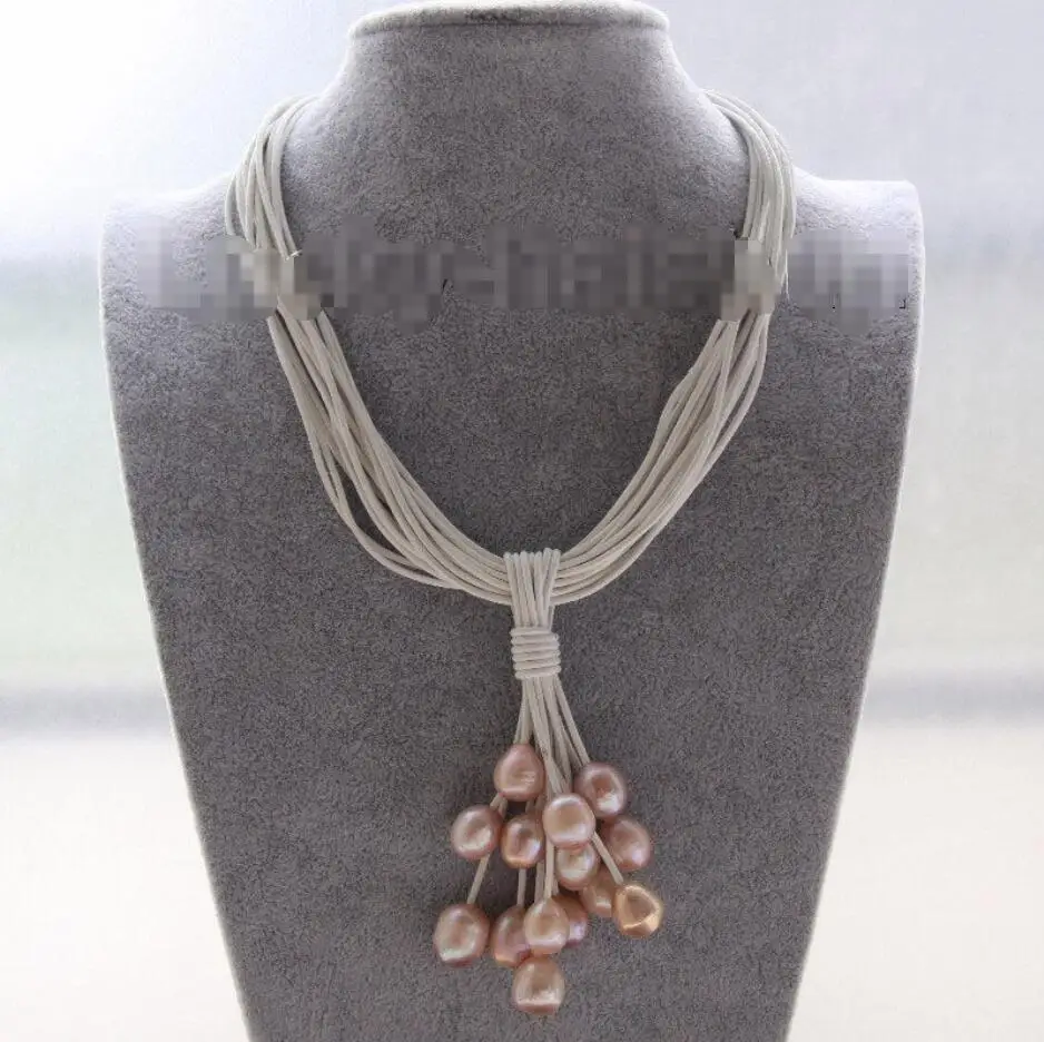 

Hot sale new Style Choker 16" 15row 14mm pink-purple pearls white leather Pendant necklace j9547