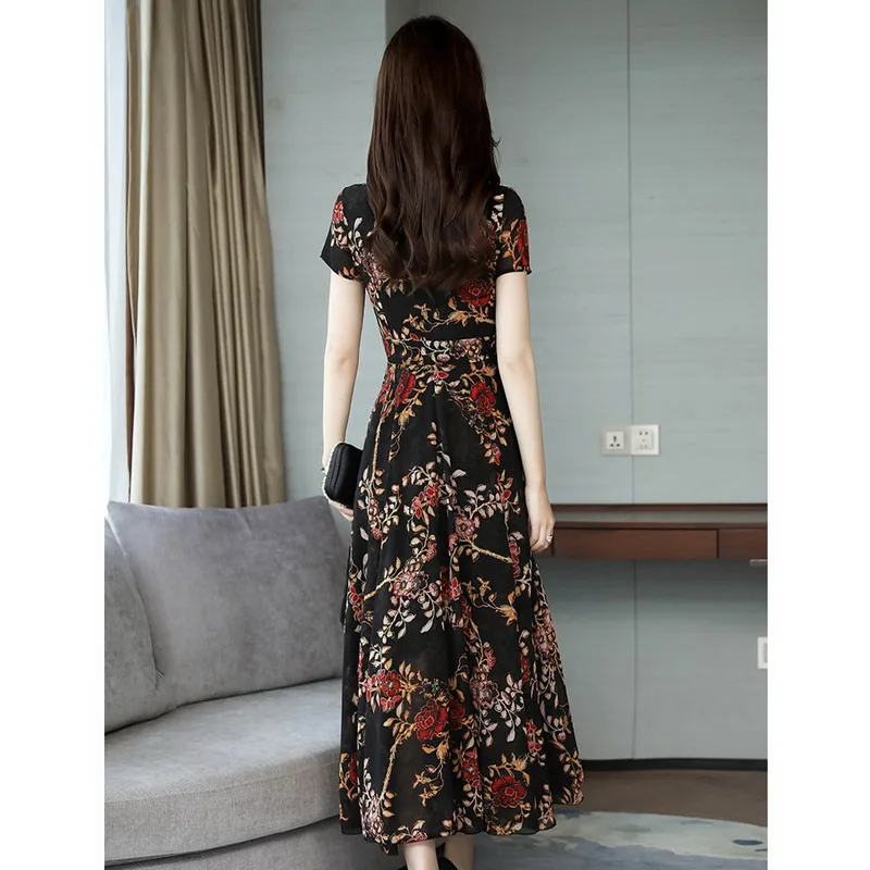 

QRWR Women Dress 2021 Fashion O Neck Short Sleeve Boho Dresses Elegant High Waist Print Long Women Summer Dress M-3XL