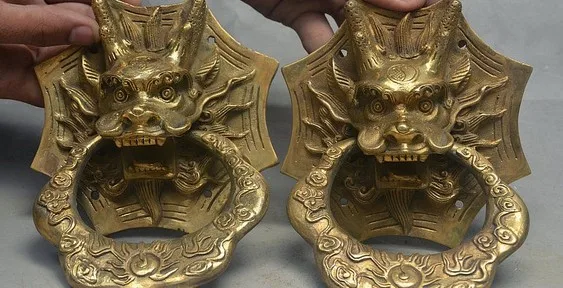 6 &quotКитайский Фэншуй Brass Guard Beast фигурка с драконом цилинь Head Door Knocker Pair
