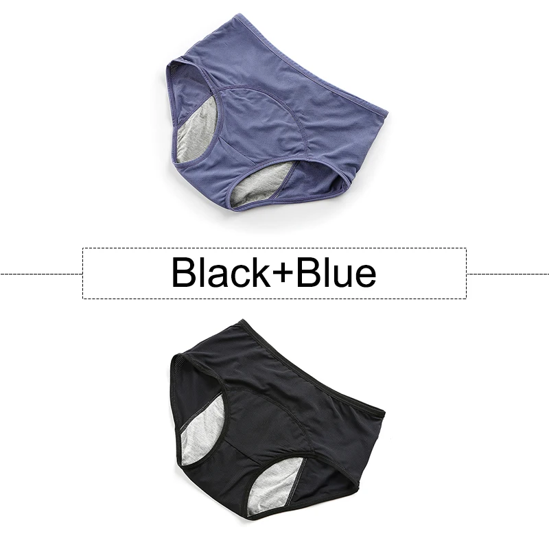 Black Blue 2 шт./партия, хлопковые менструальные трусики, герметичное нижнее белье для женщин с высокой талией, бесшовные трусы с дышащими отверстиями, большие размеры - Цвет: Black Blue
