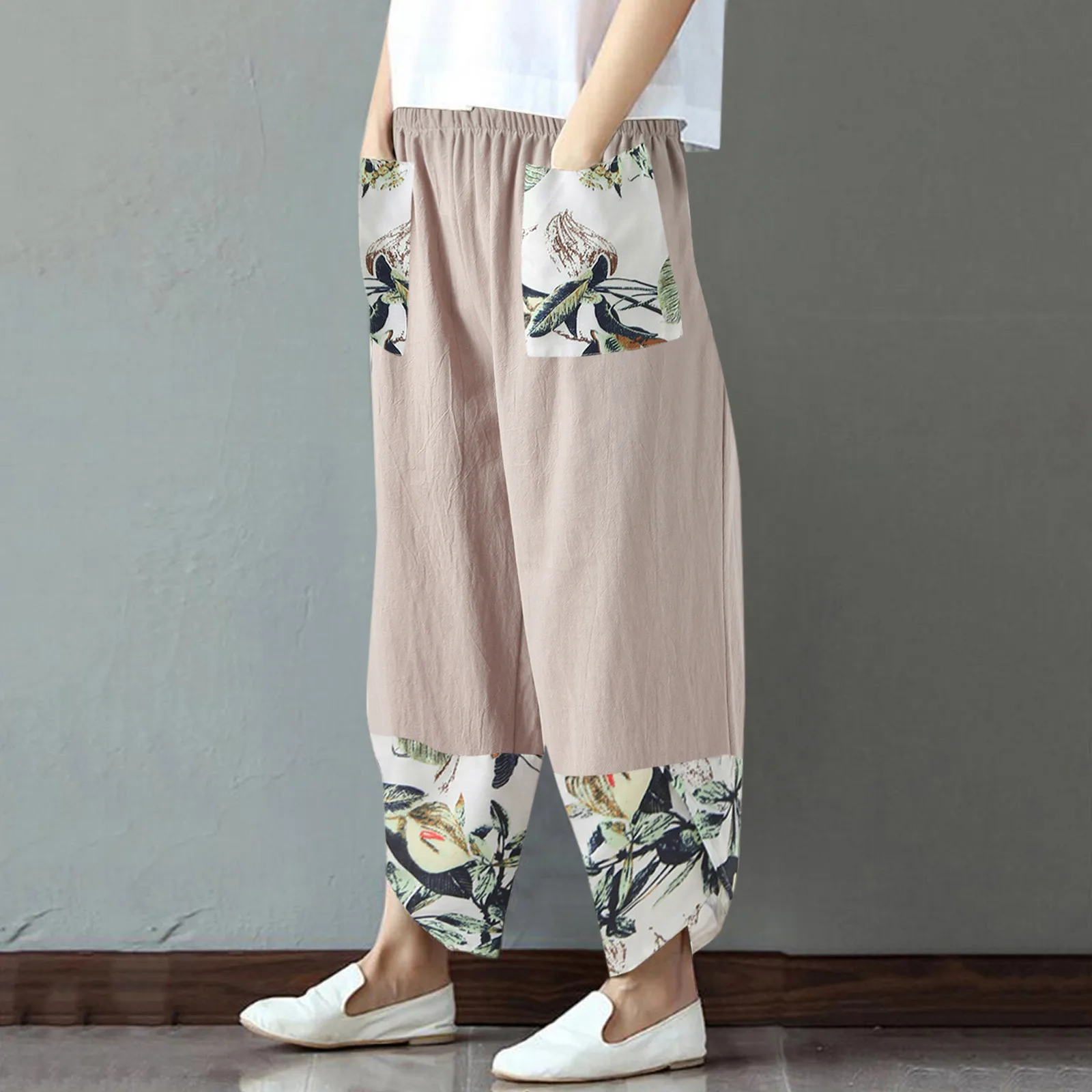 

Fashion women's pants Pantalones De Mujer patchwork cotton and linen wide-leg pants casual trousers Bohemia beach pocket pants