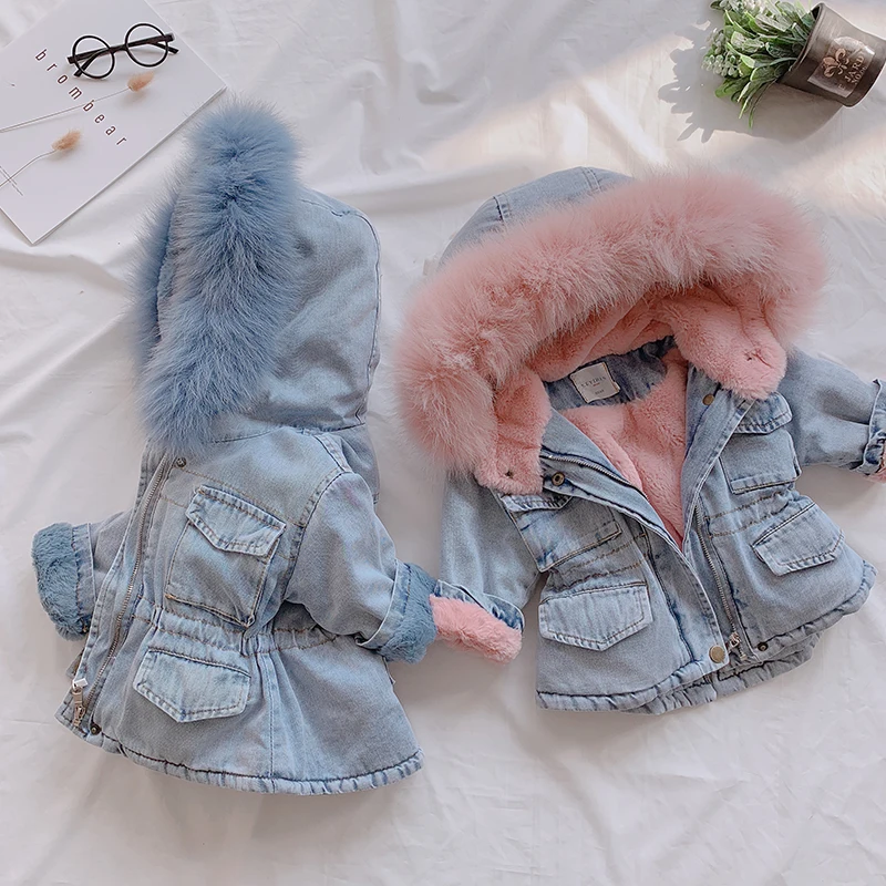 ULKNN 2021 Winter Baby Girl Denim Jacket Plus Velvet Real Fur Warm Toddler Outerwear Coat 1-4 Years Kids Infant Parka | Детская одежда