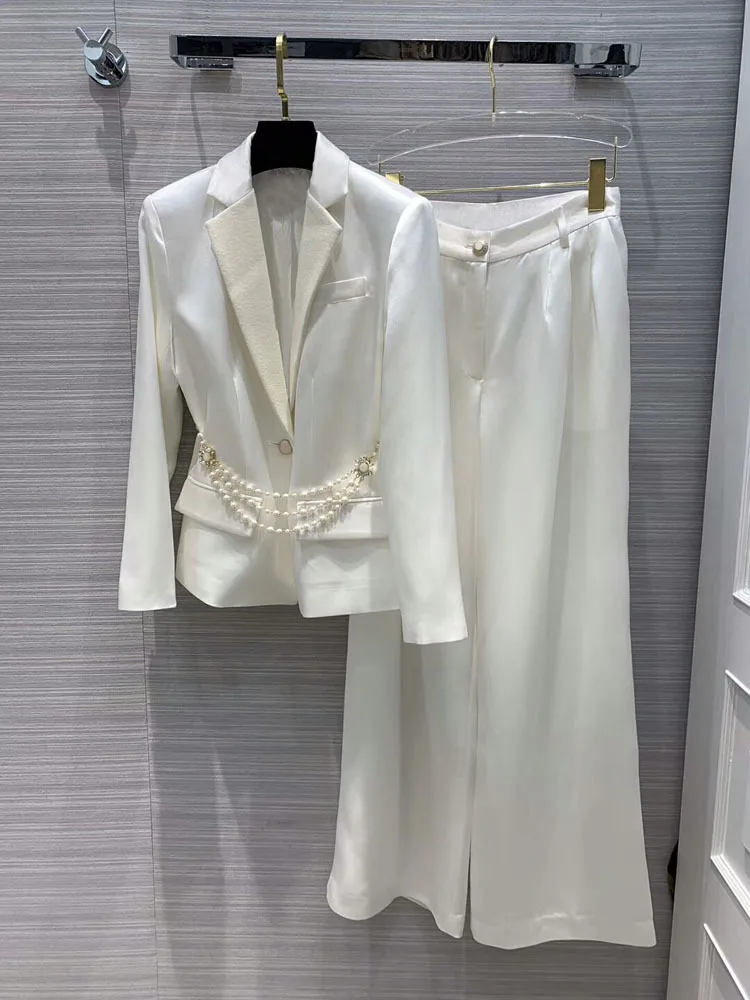 2019FW winner, новинка, Женский блейзер с жемчугом, пальто+ повседневные штаны, женский пиджак, брюки, костюмы, 2 вещи в комплекте, 2 цвета, tclai - Цвет: Белый