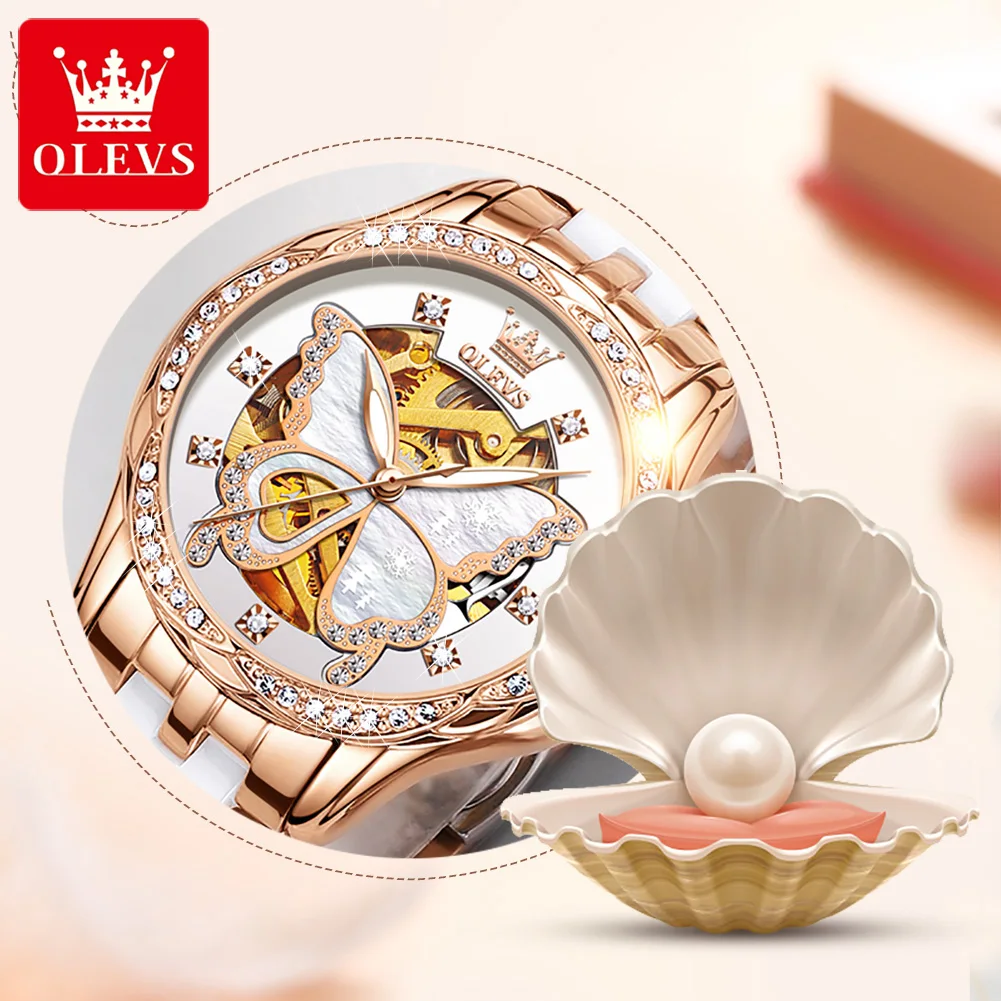 OLEVS Ladies Watch 2021 Diamond Luxury Design Ceramic Hollow Waterproof Montre Femme Automatic Mechanical Relojes Para Mujer enlarge