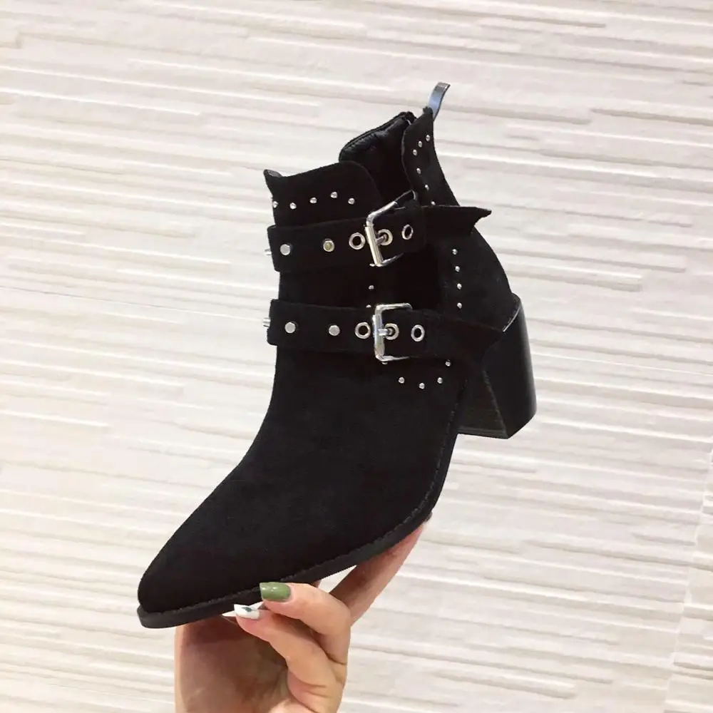 

Sexy Pointed Toe Rivet Black Belt Buckle Women's Ankle Boots Fashion Zipper High Heels Martin Boots Plus Size 35-41 Women Shoes