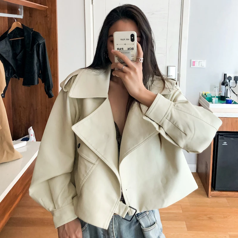 

Ailegogo New Spring Autumn Women Faux Leather Jacket Streetwear Lapel Motorcycle Punk Pu Leather Coat Loose Solid Outerwear