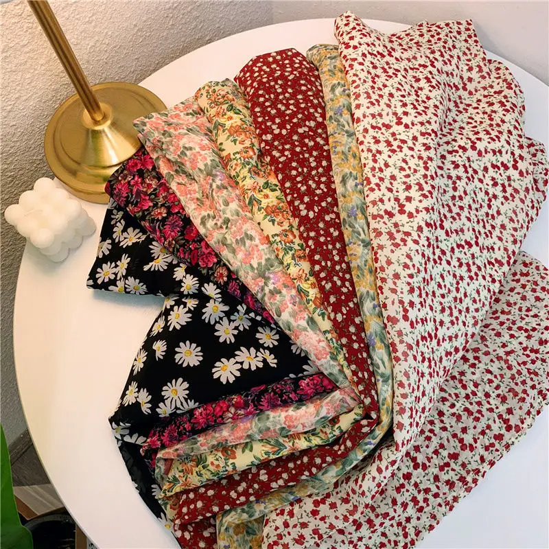 

2021 Summer New Women Vintage Floral Print Chiffon Long Skirts Female Casual Elastic High Waist A-line Boho Skirt