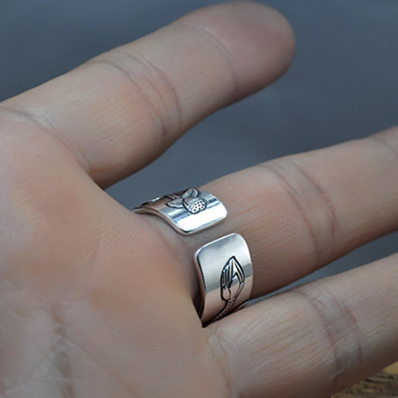 

99 Silver Lotus Ring with Heart Sutra Adjustable Open End Finger Ring Jewelry Gifts FHJ889