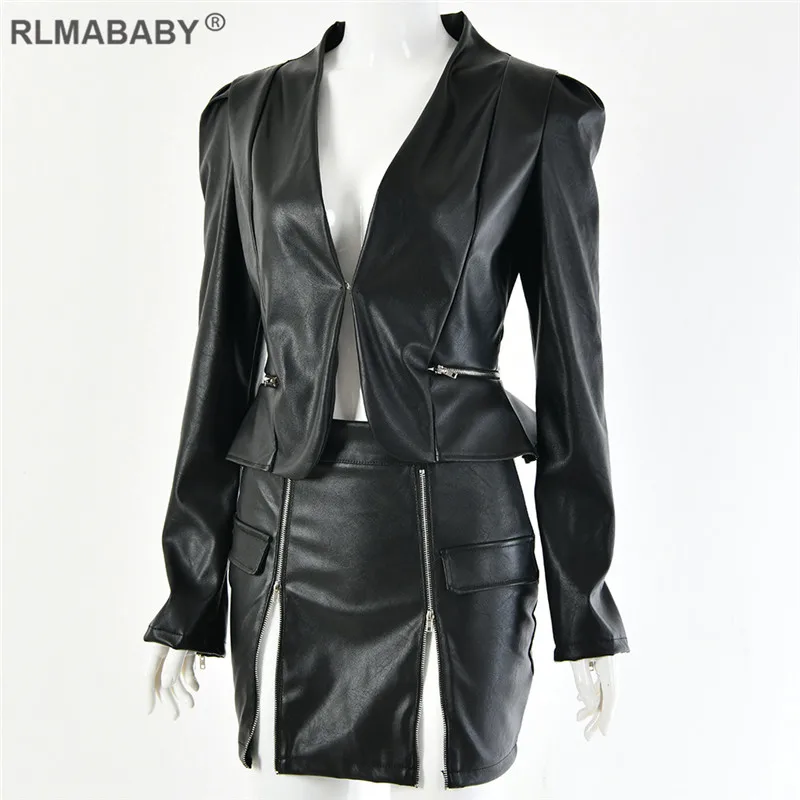 RLMABABY платье из искусственной кожи с рюшами на молнии, Женский комплект 2 шт. платье с v-образным вырезом и длинным рукавом, облегающее платье на молнии, сексуальное платье для ночного клуба