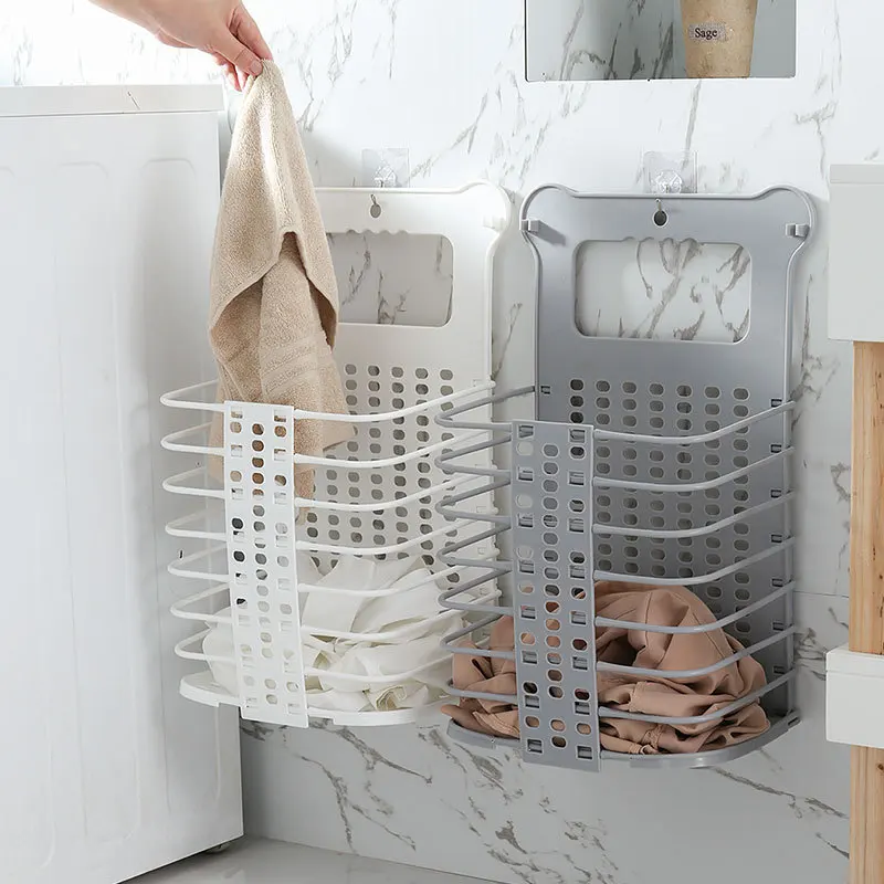 

Upgraded Plastic Dirty Laundry Basket Foldable Home Dirty Hamper Sturdy Handle with 2 No Drilling Hooks Large Laundry Basket