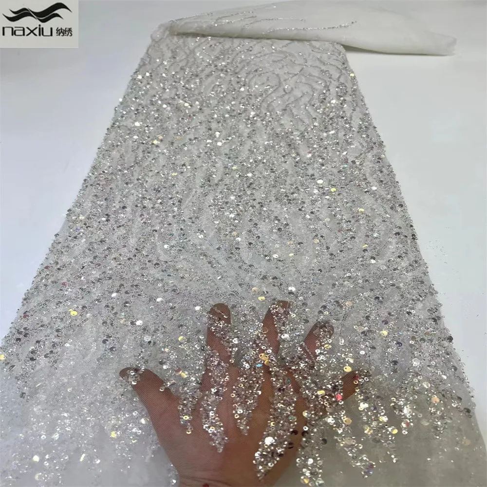 

Madison White African Sequins Lace Fabric Luxury French Nigerian Beaded Mesh Lace Fabric High Quality Wedding Dress Material