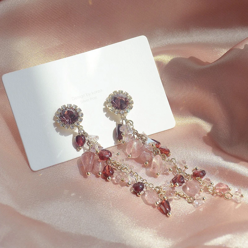 

2021 Trend 14K Real Gold Plated Tassel Powder Crystal Earrings for Women Jewelry AAA Zirconia S925 Silver Needle Stud Fine Gift