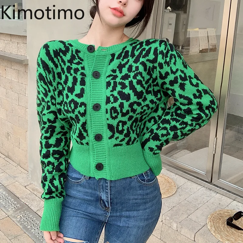 

Женский трикотажный кардиган Kimotimo с леопардовым принтом, осень 2021, свитер с длинным рукавом, пальто, корейская шикарная нежная верхняя одеж...