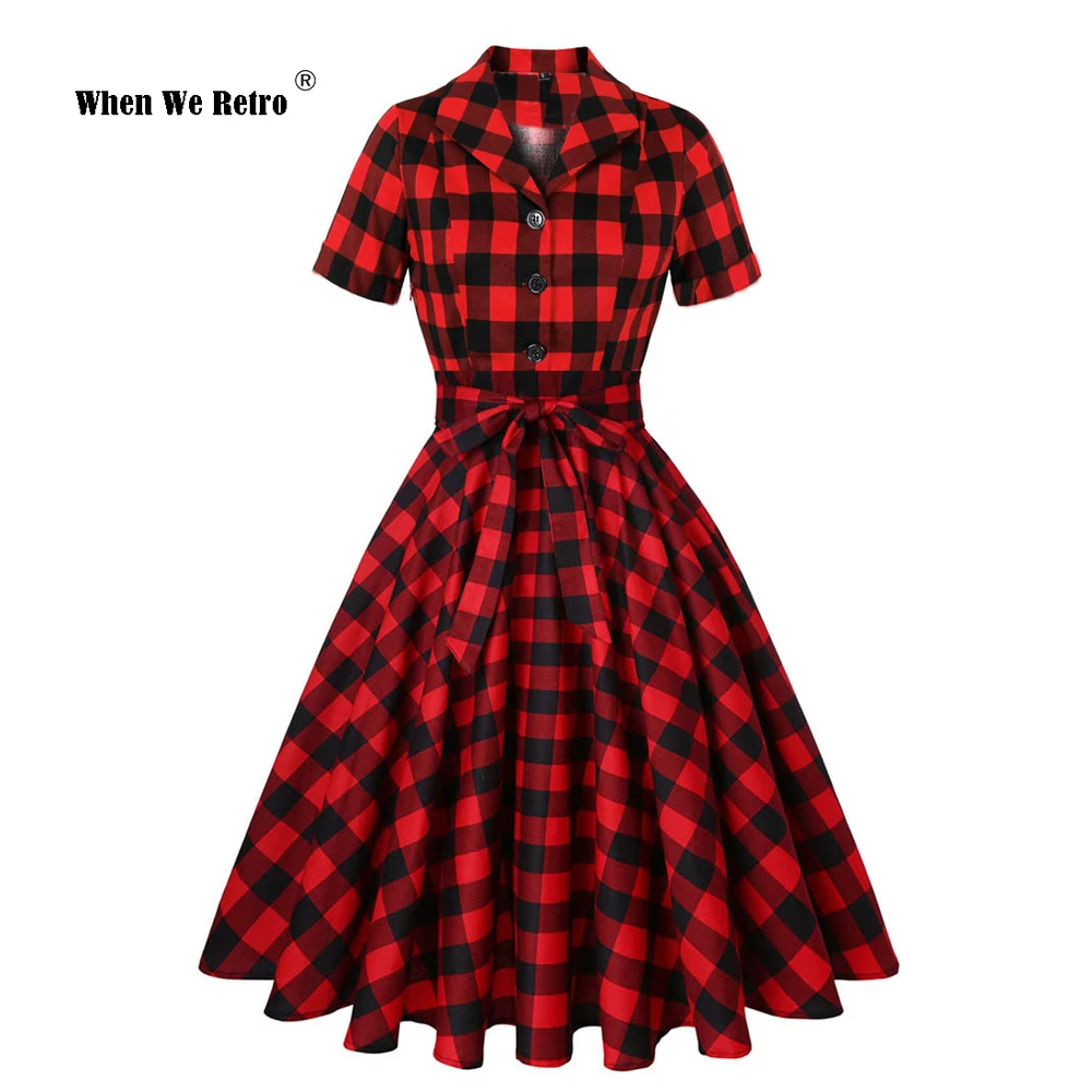 

Женское винтажное платье в клетку, черное/красное платье в стиле ретро, с коротким рукавом