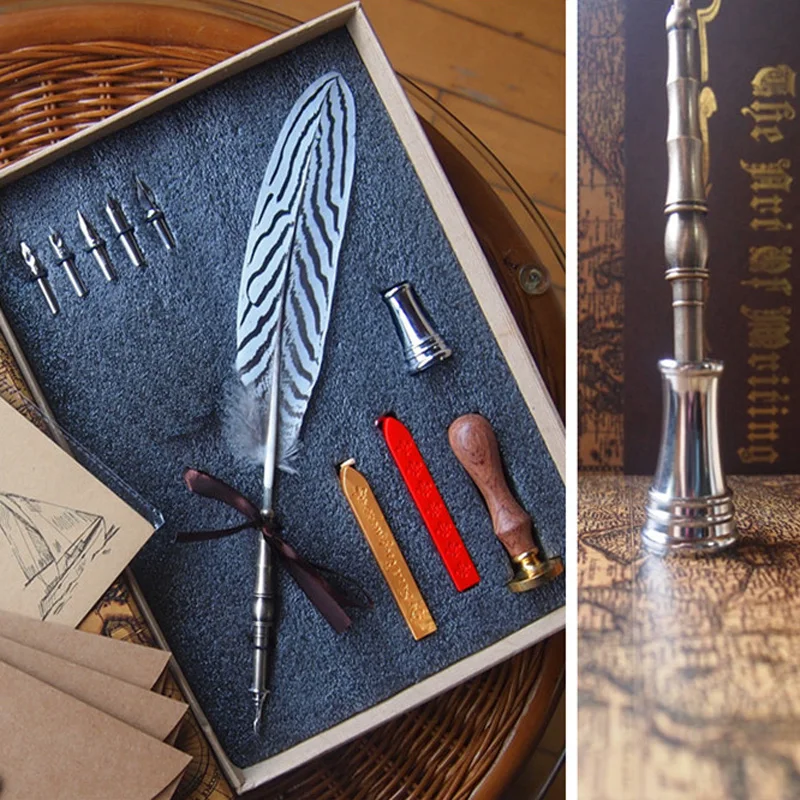 Silver Pheasant Feather Fountain Vintage Dip Pen with Seal Antique Stationery Envelope 5 Nibs 1 Pen Holder Feather Dip Pen