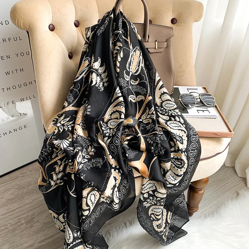 

2022 Women Summer Fashion Silk Scarf Black Cashew Floral Shawls and Wraps Bandana Pashminas Lady Hijab Foulard Headband 180*90Cm