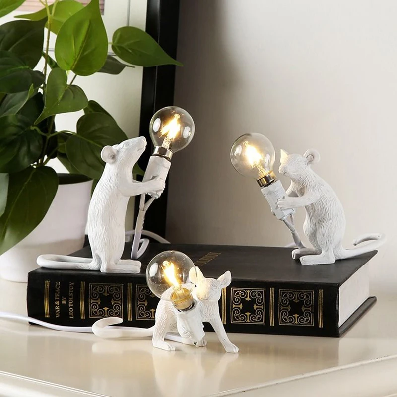 Nordic Creative Resin Black/White/Gold Mouse Animal Table Lamp Living Room Art Becoration Lamp Study Bedroom LED Night Light images - 6