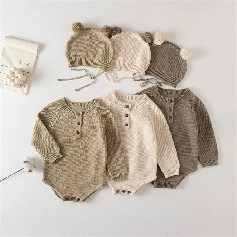 

2Pcs Toddler Baby Boys Girls Knitted Bodysuit Infant Jumpsuit Knitwear Outfits Unisex Newborn Baby Sweater with Baby Knit Hat