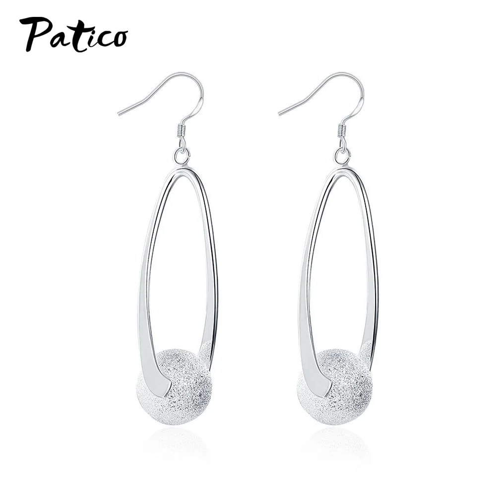 

Authentic 925 Sterling Silver Long Unique Sanding Ball Dangle Drop Earrings for Women Fashion Fine Jewelry Girl Party Gift