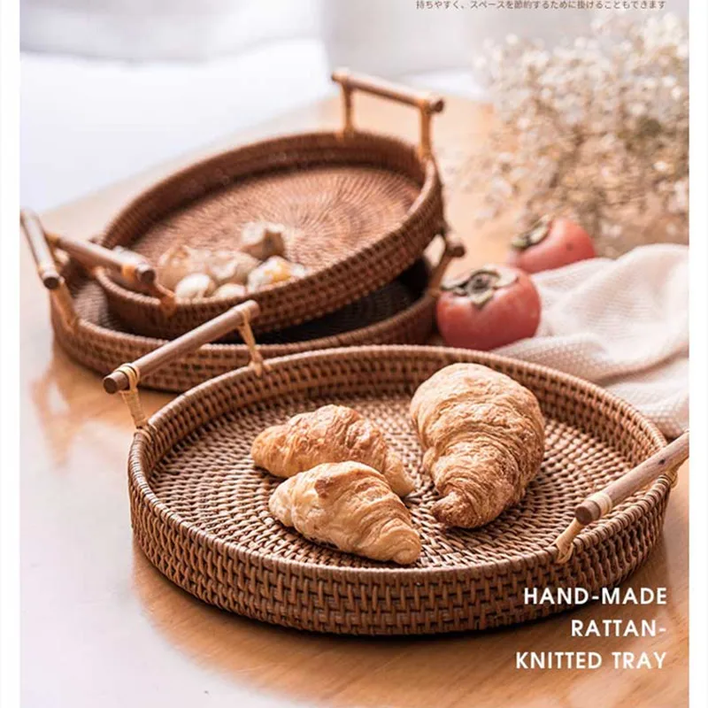 

Tray Handwoven Rattan Storage Tray Wooden Handle Round Wicker Basket Bread Food Plate Fruit Cake Platter Dinner Bamboo Weaving